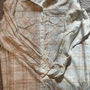Levis Blue Gray Flannel Plaid Long Sleeve Button Up Shirt Snap On